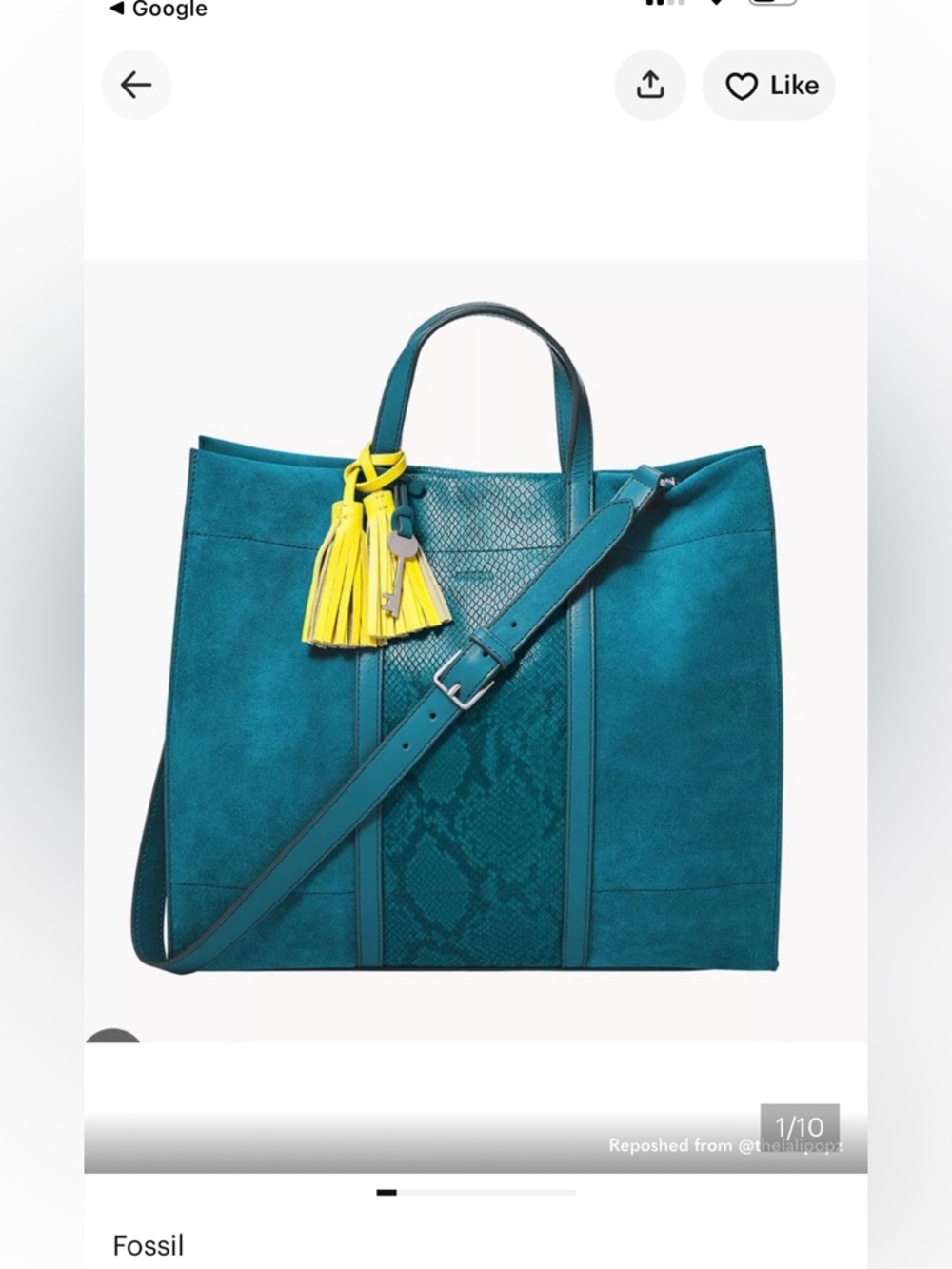 Fossil Teal Carman Shopper Tote with Yellow Tassel Charm